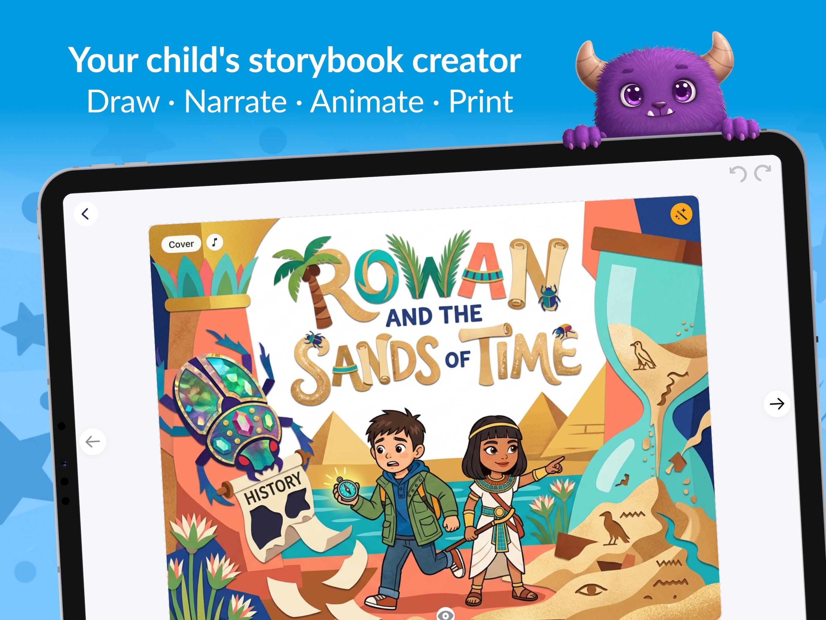 The My Story storybook creator on an iPad, showing a finished cover kids can draw, narrate, animate and print